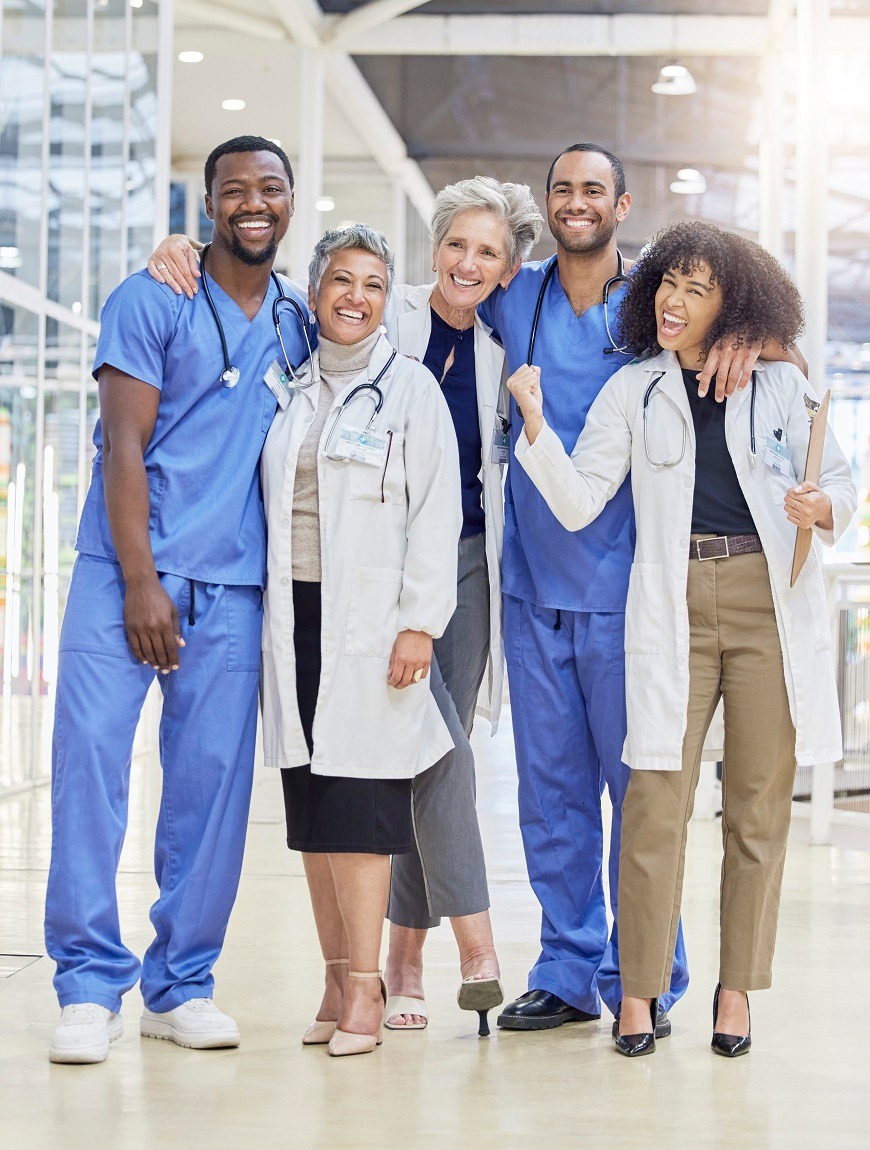 Winning, team portrait and doctors or nurses